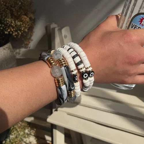 Vista 3 de Joya Love Brazalete de cuentas de verano con cara sonriente, ojo malvado, de bambú, acrílico, arcilla Heishi, pulseras de cuentas para mujer