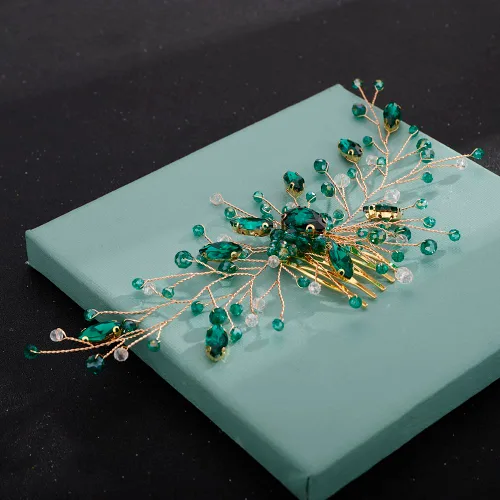 Vista 4 de Aimimier Peine para el cabello de cristal verde nupcial, con diamantes de imitación esmeralda, vid de graduación, fiesta, festival, boda, accesorios