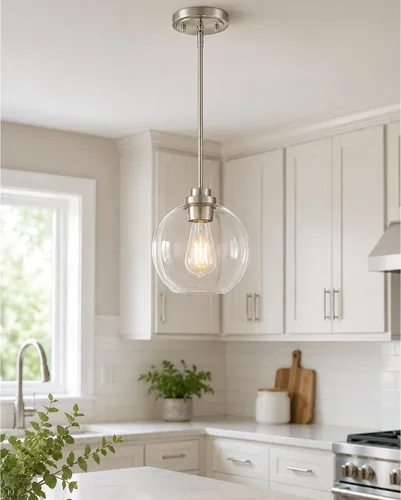 Vista 18 de Luces Colgantes para Isla de Cocina, 7" Luminarias Colgantes Negras y Doradas con Pantalla de Globo de Vidrio Transparente, Iluminación Moderna