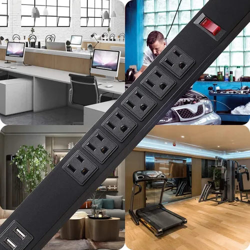 Vista 7 de Regleta de alimentación de metal para montaje en pared con 2 puertos USB, protector de sobretensiones 300J, cable de extensión de 6 pies