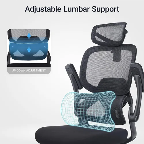 Vista 12 de Silla de oficina ergonómica con reposabrazos abatibles, soporte lumbar ajustable, silla de computadora con respaldo de malla transpirable, sillas