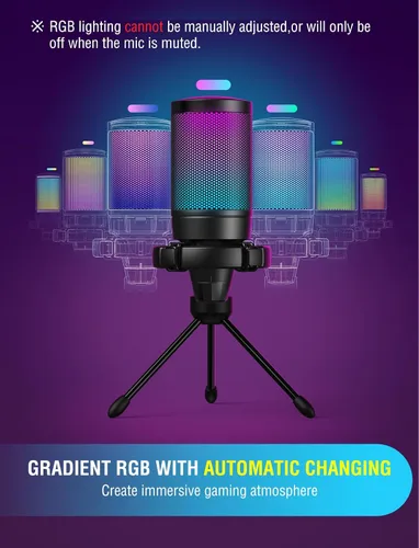 Vista 6 de FIFINE AmpliGame A6V Micrófono USB para juegos, micrófono condensador RGB para transmisión Quick Mute, RGB, Gain Control, Tripod Stand, Pop