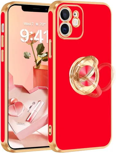 Vista 12 de Fingic Funda para iPhone 12 con Soporte de Anillo, [Soporte de Anillo Giratorio de 360° Magnético con Base] [Borde Dorado Brillante con Enchapado]