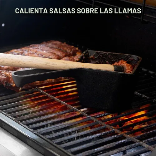 Vista 4 de Olla de salsa de hierro fundido con cepillo de mopa para barbacoa - Olla pequeña de hierro fundido para untar y cepillo de mopa para asar a