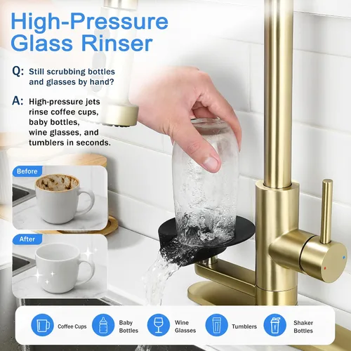 Vista 8 de Grifo de cocina con enjuague de vidrio para fregadero, grifo desplegable con 3 modos de pulverización y enjuague de vidrio de alta presión, grifo