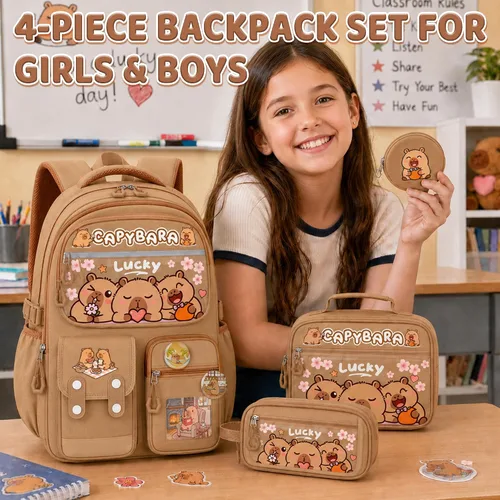 Vista 6 de Capybara Backpack for Girls, 4 PCS Capybara Backpack with Lunch Box Set Capibara.