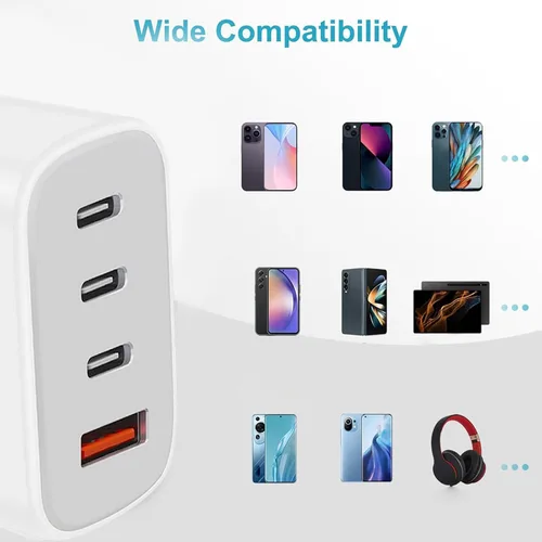 Vista 5 de Bloque de cargador USB-C, bloque de cargador de pared con cable C a C, adaptador de corriente de 4 puertos y enchufe de pared, bloque de carga