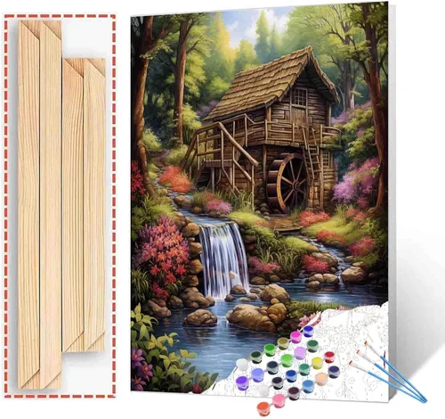 Vista 9 de Tucocoo Pintura de cabaña forestal por números para adultos, kits de pintura al óleo digital sobre lienzo con pinceles y pigmento acrílico, rueda
