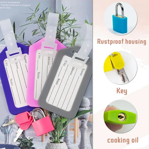 Vista 3 de Paquete de 10 candados para equipaje con llave + paquete de 10 etiquetas de viaje, etiquetas de equipaje para maletas, bolsas, etiquetas de nombre