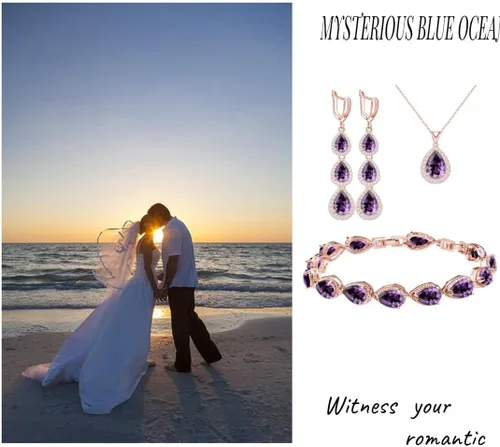 Vista 3 de LMXXVJ Juego de collar y aretes largos, chapados en oro blanco, juego de joyas de zafiro azul creado, joyería de regalo para boda, fiesta, joyería