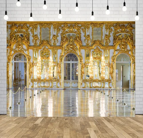Vista 2 de BELECO Telón de fondo de tela de 5 x 3 pies para fotografía, Palacio de Catalina, Palacio Real, Salón de baile, tallas doradas, arco de pared