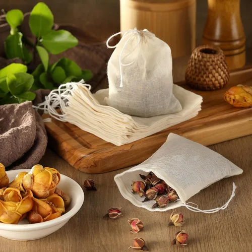 Vista 7 de 20 bolsas de té reutilizables, bolsas vacías de muselina con cordón, bolsas de especias para cocinar, té suelto, hierbas, algodón natural