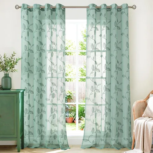 Vista 9 de BGment - Cortinas traslúcidas blancas de 84 pulgadas de largo, 2 paneles - Cortinas semitraslúcidas bordadas con patrón de hojas, cortinas con Hoja