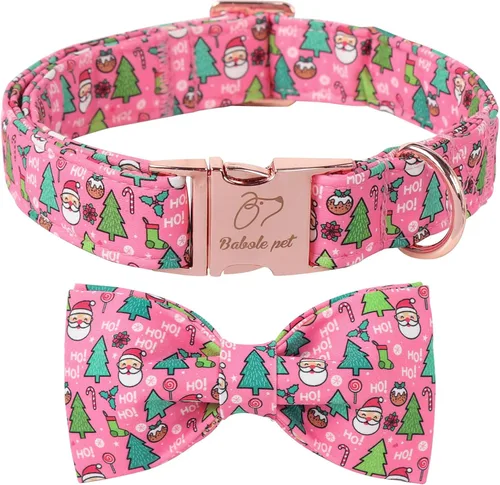 Vista 24 de Collar de Navidad para Perro con Pajarita - Lindo Collar de Cachorro Azul con Patrón Navideño de Cereza y Caramelo, Hebilla de Metal Ajustable