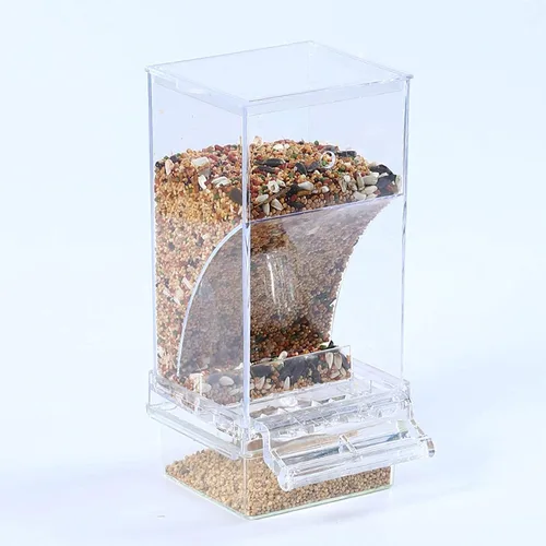 Vista 7 de Hamiledyi Alimentador automático de jaulas para pájaros sin ensuciar, con perca, acrílico transparente, contenedor de alimentos, accesorios
