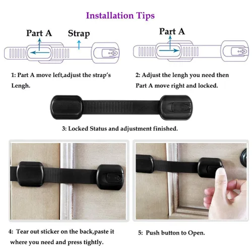 Vista 7 de Viaky - Paquete de 8 cerraduras negras de seguridad para niños, correas ajustables a prueba de bebés para cajones, horno, refrigerador, asiento