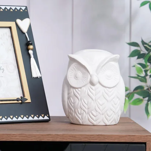 Vista 3 de Estatua de búho, estatua de animal, decoración moderna, escultura, regalo para escritorio, estantería, mesa de oficina, cerámica, 5.5 pulgadas