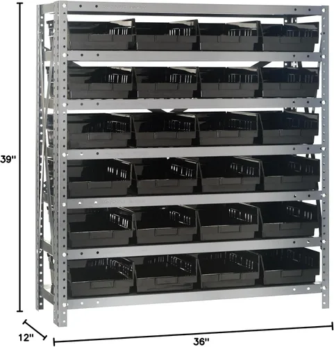 Vista 403 de Quantum QSBU-245BK Heavy Duty Shelving Unit with (7) Shelves and (24) QUS245 Black Bins for Garage Warehouse Storage Distribution 400 lb Load