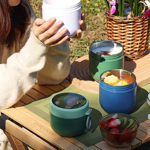 Vista 5 de Aphmeir Recipientes de avena con tapas, de acero inoxidable de 20 onzas, tarros de avena con cuchara, frascos de comida aislados, contenedor de Rosa