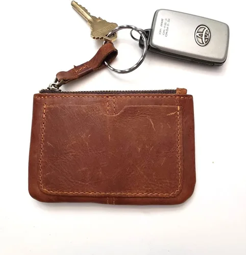 Vista 6 de Monedero de cuero genuino para mujeres y hombres, estilo vintage, cuero de grano de vacuno, delgado, minitarjetero con cremallera de metal con asa