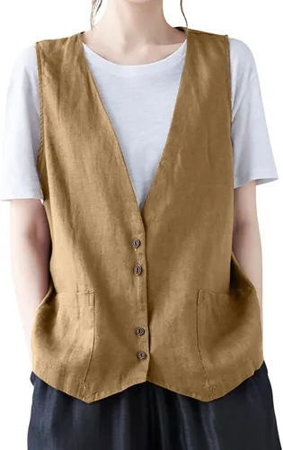 Vista 24 de COTECRAM Chaleco de lino de algodón para mujer, casual, sin mangas, con botones, ligero, para verano, holgado, ropa de abrigo