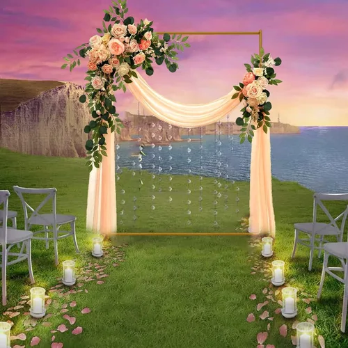 Vista 5 de Soporte de fondo de arco de boda dorado, globo cuadrado de 6.6 x 3.3 pies y marco de metal de flores para ceremonia, aniversario, fiesta, decoración