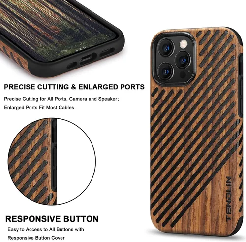 Vista 5 de TENDLIN Funda magnética para iPhone 13 Pro - Funda híbrida de TPU de cuero de grano de madera con compatibilidad MagSafe