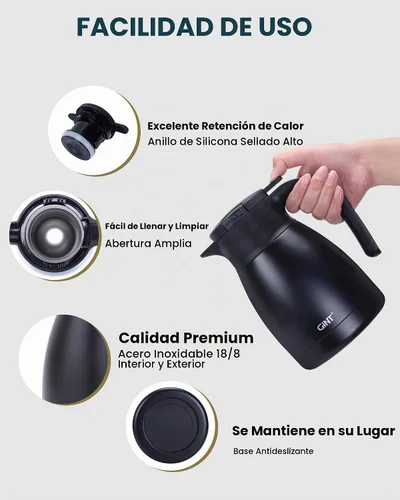 Vista 3 de Jarra térmica para café GiNT de 1L / 34Oz, jarras de café de acero inoxidable aisladas para mantener caliente/Jarra térmica de vacío de doble pared