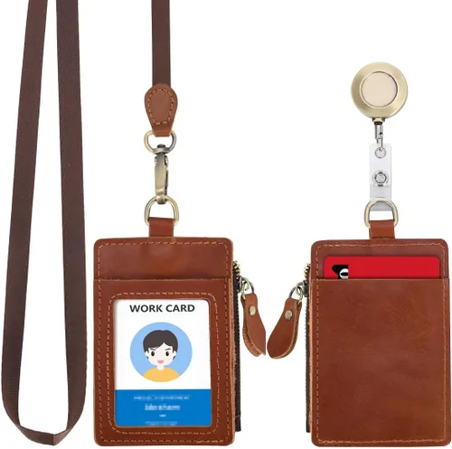 Vista 11 de Wonderpool Soporte de cuero para tarjetas de identificación con bolsillo con cremallera, ranuras para tarjetas, cordón desmontable para el cuello
