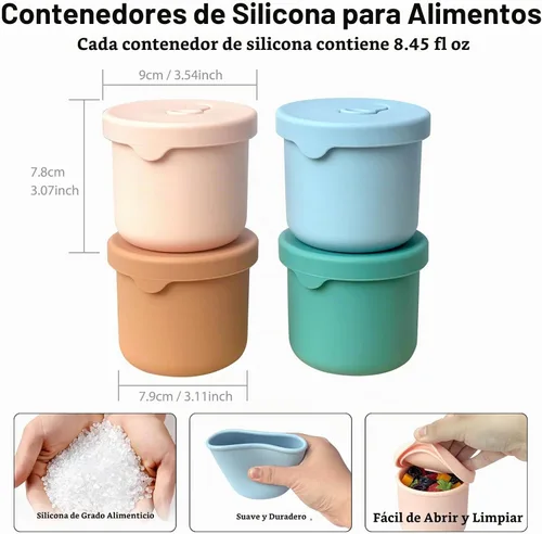 Vista 3 de Paquete de 4 recipientes de silicona de almacenamiento de alimentos de 8.5 onzas con tapas, 1 taza de recipientes reutilizables para refrigerios