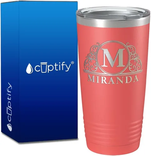 Vista 128 de Vaso personalizado de regalo de cumpleaños para mujeres y hombres, con monograma de escritura dividida, inicial y nombre grabado en negro, taza