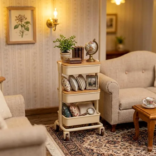 Vista 5 de LOGOFUN Carrito de casa de muñecas en miniatura, carrito de compras, estante de almacenamiento de 3 capas con ruedas para decoración de muebles