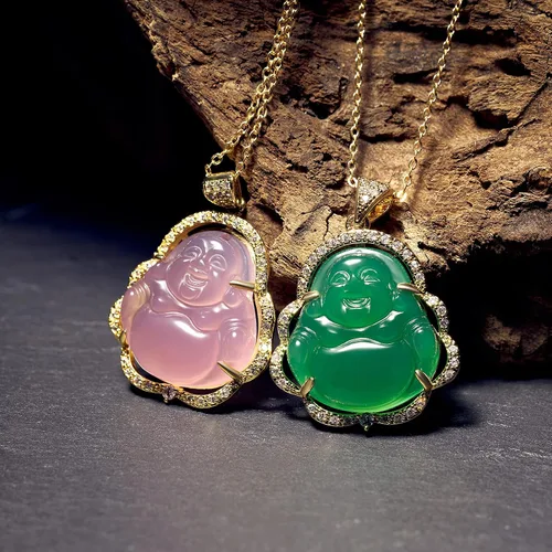 Vista 7 de MTLEE 2 piezas de collar con colgante de Buda sonriente para mujeres y hombres, collar de cadena de Buda sonriente de jade, joyería de amuleto