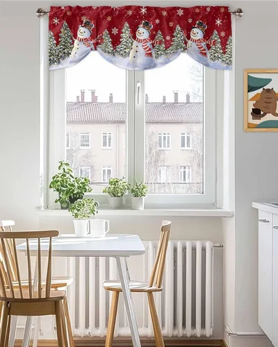 Vista 5 de Cortinas de cocina de Navidad, cenefa semitransparente ajustable con lazo, muñeco de nieve, copo de nieve, bolsillo para barra, tratamiento