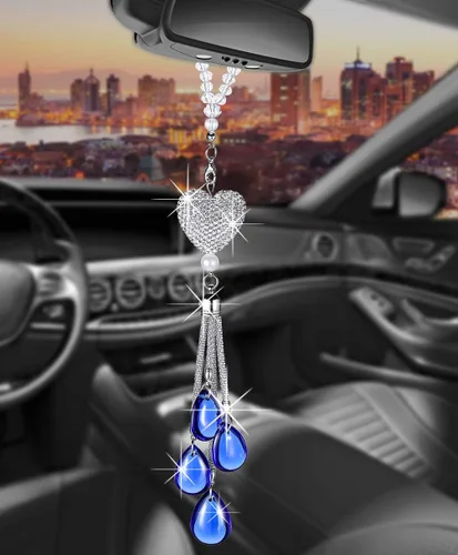 Vista 11 de Glamorosa decoración colgante de espejo de coche con cabeza de zorro azul oscuro, adorno de automóvil con temática animal para mujeres y hombres