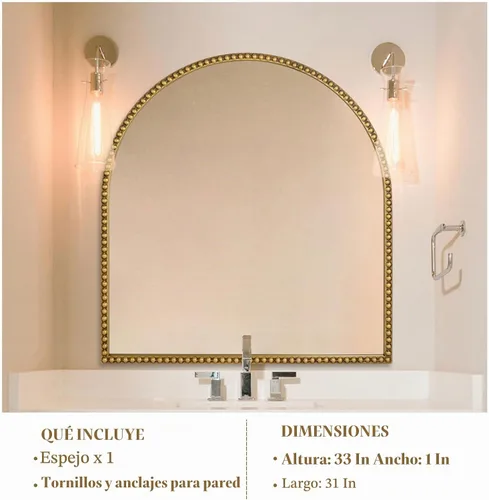Vista 5 de Espejo de baño arqueado de 33 x 31 pulgadas, espejo de pared dorado antiguo, marco de cuentas de metal, espejo de tocador para tocador, sala de Arco