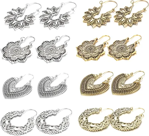 Vista 2 de FIBO STEEL Juego de 8 pares de aretes colgantes vintage con diseño de mandala para mujer estilo bohemio retro tribal huecos Acero inoxidable