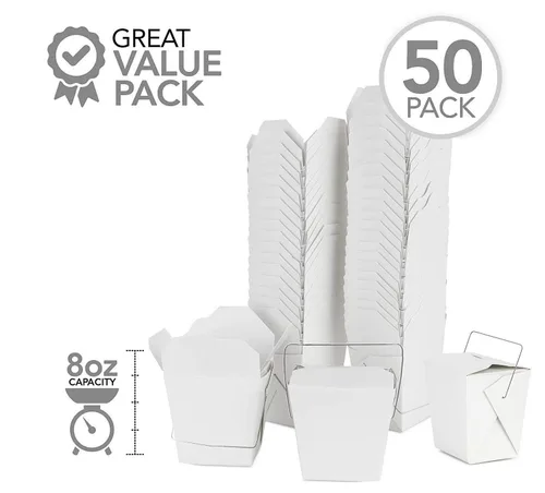 Vista 3 de Contenedores de comida para llevar con asa, 8 onzas, color blanco, para microondas, caja china para llevar (paquete de 50 unidades), resistente a