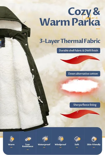 Vista 3 de CREATMO US Abrigo de invierno de sherpa grueso para mujer, chaqueta de nieve cálida con capucha extraíble