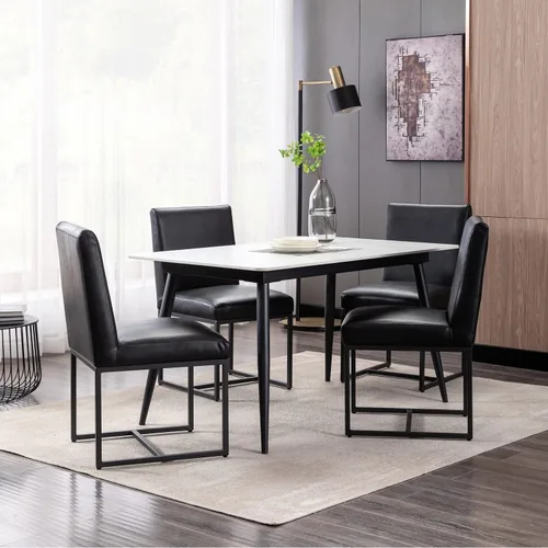 Vista 4 de Juego de 2 sillas de comedor modernas de tela, tapizadas de piel sintética, sillas de cocina sin brazos de mediados de siglo con patas negras