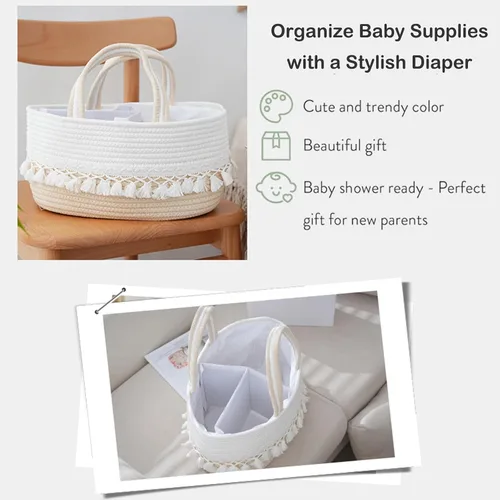 Vista 2 de Organizador de pañales para bebé, cesta de almacenamiento de cuerda con borlas, bolsa de almacenamiento portátil para niñas y niños, contenedor