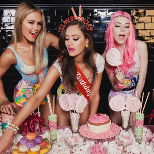 Vista 3 de It's My Birthday - Juego de bandas de princesa, diadema roja, tiara y accesorios para mujeres y niñas, fiesta feliz