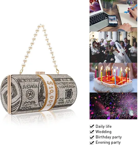 Vista 6 de TANOSII Bolsa de noche para mujer apilada de efectivo con diamantes de imitación bolso de hombro para dinero