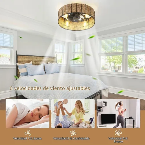 Vista 8 de Ganeed Ventilador de techo bohemio de 20 pulgadas con luz, ventilador de techo enjaulado de ratán tejido a mano con luz y control remoto, ventilador