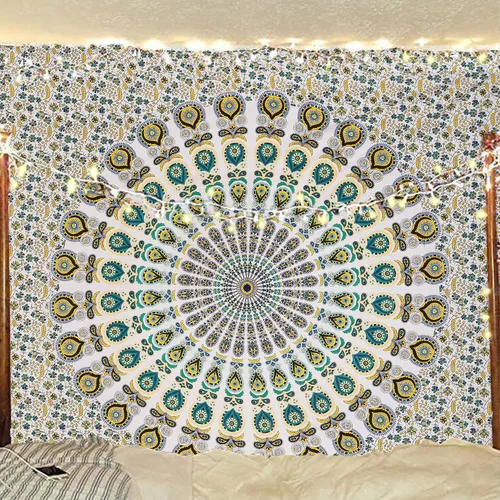 Vista 8 de Tapiz hippie indio bohemio psicodélico dorado azul pavo real mandala colgante en la pared (negro blanco, Queen (84 x 90 pulgadas) (84.6 x 90.6 in)