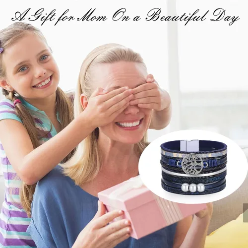 Vista 4 de Pulsera envolvente de cuero turquesa, pulseras de cuentas en capas para mujer, pulseras de plumas multicapa, pulsera bohemia occidental para mujer