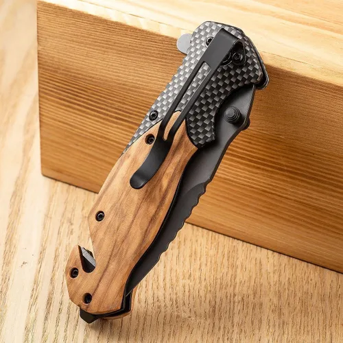 Vista 3 de Cuchillo plegable de bolsillo de 8.3 pulgadas con rompecristales, cortador de cinturón de seguridad y clip de bolsillo, cuchillo EDC con mango