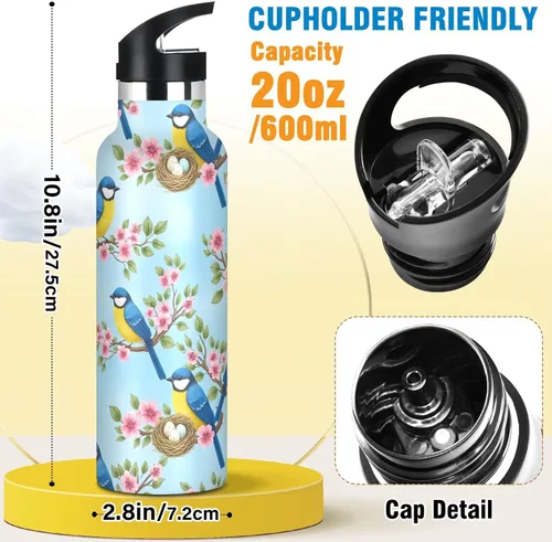 Vista 2 de Water Bottle for Kids with Straw Leakproof Sports Water Bottle for Kids for Boys Girls 20oz, BPA-Free, Blue Yellow Birds