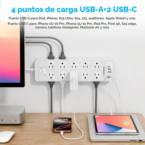 Vista 3 de Regleta de alimentación con enchufe plano, protector contra sobretensiones con 20 tomas de corriente AC y 6 puertos USB de carga, 1875 W/15 A, 2700