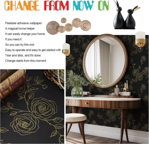 Vista 3 de Amiya Papel tapiz floral negro y dorado, línea de papel tapiz para despegar y pegar, estilo bohemio, retro, renovación de dormitorios, armarios